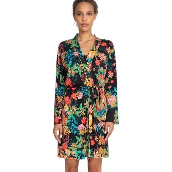 Johnny Was Camella Robe Lingerie Black Flower Home Lounge Floral Sleep Robe NEW